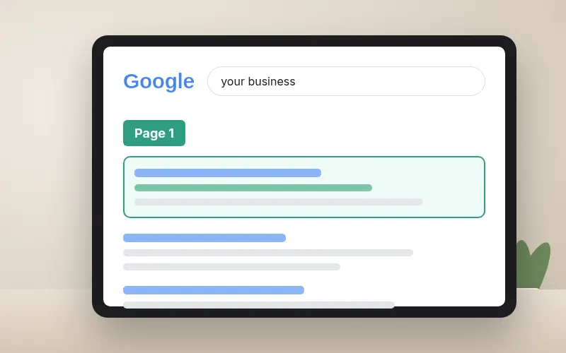 A tablet showing a search for your business with a highlighted Page 1 result.