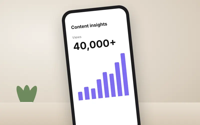 A phone showing content insights with 40,000+ views and a rising bar chart.